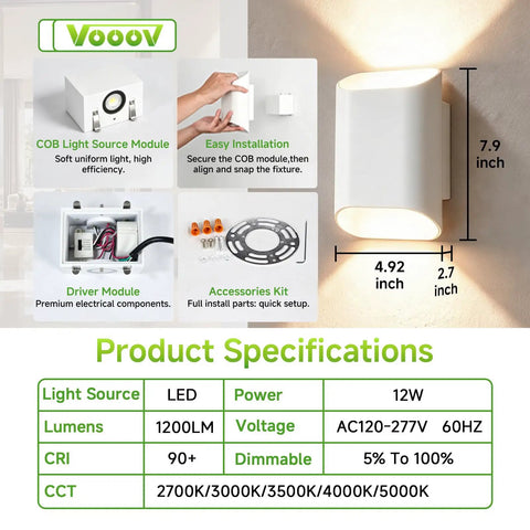 VOOOV 7.9 Inch White LED Wall Sconce Includes 5CCT Dimmable Lighting with COB module and driver details.