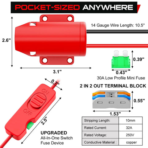 Upgraded Milwaukee 12V Battery Adapter with all-in-one switch, fuse, and 14-gauge wire for ride-on toys, dimensions and features shown.
