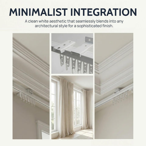 Retractable Ceiling Curtain Track System For Room Dividers And Showers Adjustable 31 To 59 Inches No Guesswork Hassle Free Fit Ceiling Mounted Curtain Rail Easy Install White Finish installed with curtains in a room