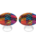 Dope Stainless Steel Cabinet Knobs Featuring A Knockout Multicolor Quilt Design with round tops and sturdy bases for furniture.