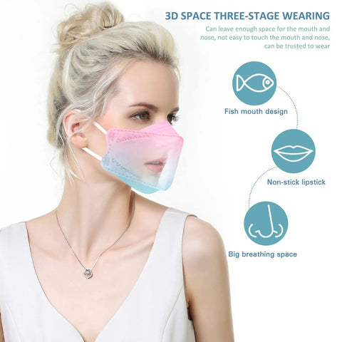 Woman wearing KF94 Face Mask 50 Pack For Grown Ups With 4 Layer Protection 3D Fish Type Mouth Shield, multi-color, showing fit and design.