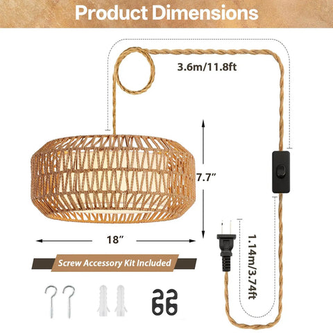 18 Inch Plug in Pendant Light, Boho Hanging Lamp with 15.7FT Light Cord showing dimensions and included screw accessory kit.