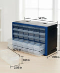 30 Drawer Plastic Storage Organizer For Small Parts And Crafts Heavy Duty Stackable Tool Box shown with dimensions on desk