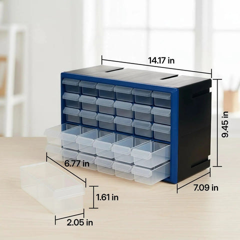 30 Drawer Plastic Storage Organizer For Small Parts And Crafts Heavy Duty Stackable Tool Box shown with dimensions on desk