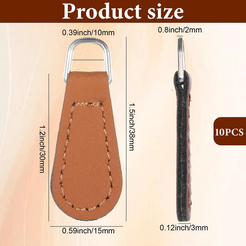 10 Pack PU Leather Zipper Pulls Set Detachable Decorative Zipper Tabs For Luggage Backpacks Suitcases Jackets Purses Handbags And Tents Each Pull Measures 1.5 Inches Long And 0.6 Inches Wide Easy Install Repair Fix product size details