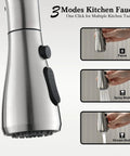 Solid Stainless Steel Kitchen Sink Faucet With Pull Down Sprayer And Brushed Nickel Finish showcasing 3 modes for versatile kitchen tasks.