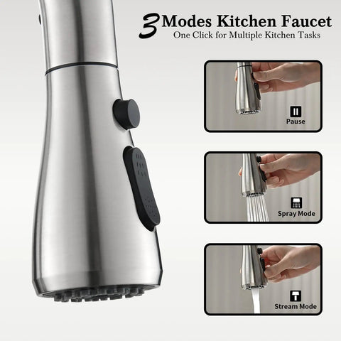 Solid Stainless Steel Kitchen Sink Faucet With Pull Down Sprayer And Brushed Nickel Finish showcasing 3 modes for versatile kitchen tasks.