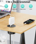 Dual Sided Desk Grommet Power Strip With Four AC Outlets And Three USB Ports Including Two Type C Connectors Creating A Clean Workspace Upgrade That Keeps Your Desks Looking Legit Fresh And Hella Organized on a wooden desk with a phone charging.