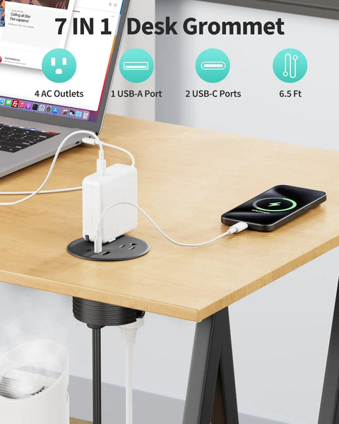 Dual Sided Desk Grommet Power Strip With Four AC Outlets And Three USB Ports Including Two Type C Connectors Creating A Clean Workspace Upgrade That Keeps Your Desks Looking Legit Fresh And Hella Organized on a wooden desk with a phone charging.