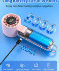 Turbo Handheld Fan 12800 RPM Ultra Portable 4 In 1 Mini Fan Rechargeable USB C showing battery life and charge indicator