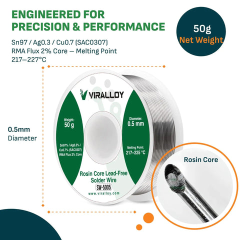 Lead-Free Rosin Core Solder Wire Sn97/Ag0.3/Cu0.7 For PCB And Electrical Work 0.5mm Diameter 50g Spool Low Melt Solder With RMA Flux Core