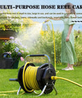 Rock Solid Hose Reel Cart Loaded With 25M Garden Pipe And High Pressure Spray Gun And Wall Mounted Outdoor Storage Rack in garden with woman watering plants.