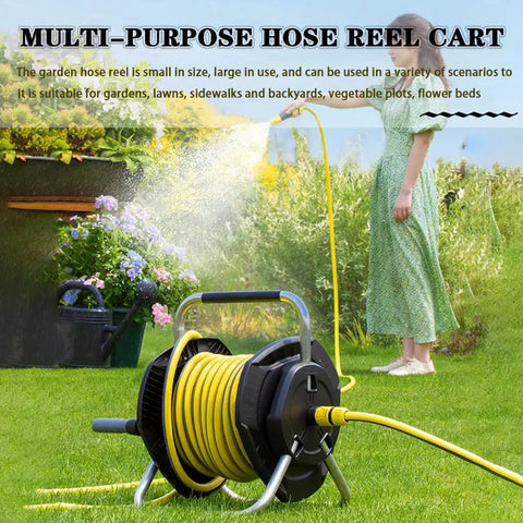 Rock Solid Hose Reel Cart Loaded With 25M Garden Pipe And High Pressure Spray Gun And Wall Mounted Outdoor Storage Rack in garden with woman watering plants.
