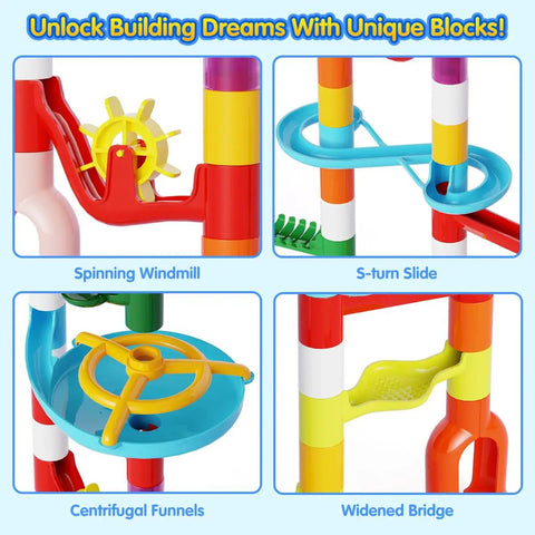 Close-up of colorful pieces in a Marble Run Toy Set With 110 Pieces And 60 Marbles STEM Educational Marble Maze Kit for Kids.