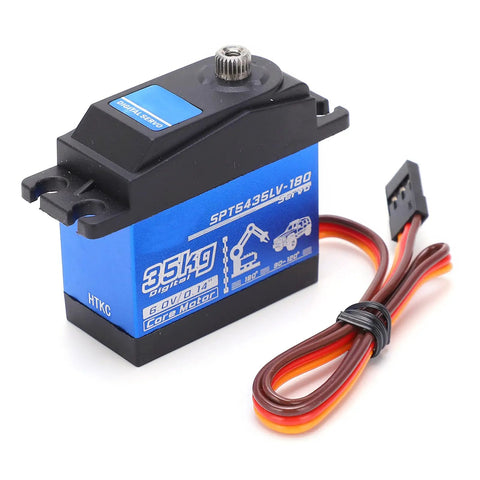 Heavy Duty 35Kg Digital Metal Gear Servo For Rc Cars Aluminum Build with connecting wires and blue casing.