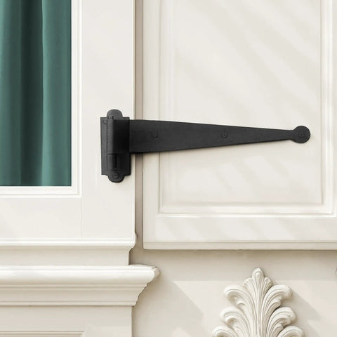 Pack Of 4 Black Offset Strap Lift Off Pintle Hinges Built To Last 11 Inch By Two And Five Eighths Inch Wrought Iron Pin Hinges For Shutters Exterior Doors Or Gates Heavy Duty Hardware With Rust Resistant Powder Coat Finish shown on white door