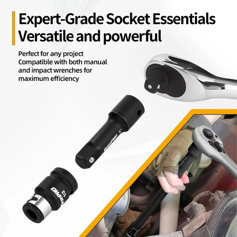 Impact Socket Extension Set 19 Piece With Swivel Universal Joints And Impact Coupler Ratchet Extensions Drive Sizes One Half Inch One Quarter Inch And Three Eighths Inch Built Tough Chrome Vanadium Steel 50BV30, showing components and usage