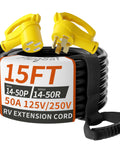 Road Warrior Heavy Duty 15 Foot 50 Amp Rv Ev Extension Cord with Nema 14-50 plug and socket coiled on a flat surface.