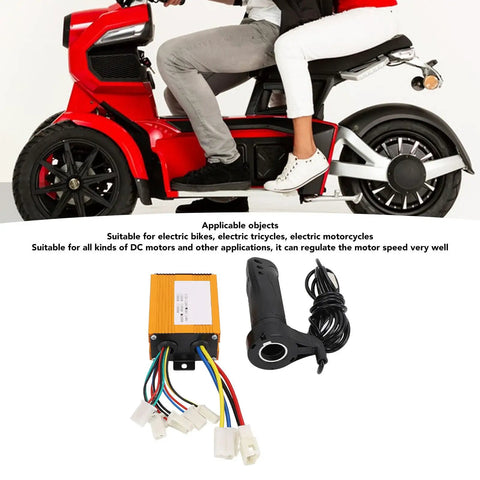 36V 500W Brushed Electric Bike Controller With Throttle Grip Kit next to red electric bike and rider