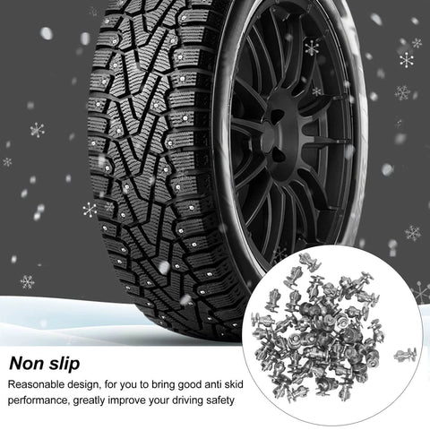 50 Pcs Tire Studs Tungsten Steel Snow Spikes for Off Road Vehicles with Motorcycle and Auto Applicability, shown on tire