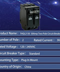 2 Pole 30 Amp Circuit Breaker For 120 Volt And 240 Volt Systems With Plug In Mount, Thermal Magnetic Protection, 10kA Breaking Capacity, Compatible With THQL Thick Series And Q Line Load Centers, black 30A 2-pole