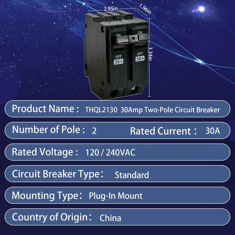 2 Pole 30 Amp Circuit Breaker For 120 Volt And 240 Volt Systems With Plug In Mount, Thermal Magnetic Protection, 10kA Breaking Capacity, Compatible With THQL Thick Series And Q Line Load Centers, black 30A 2-pole