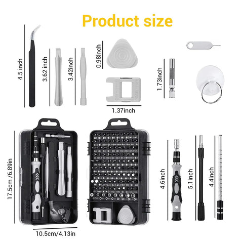 115-In-1 Precision Screwdriver Set for Electronics and DIY Repairs, Ultra Handy Tool Kit with various tool bits and dimensions shown