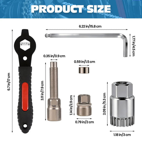 Versatile Bike Crank Puller Tool components with wrench, L-shaped hex key, and puller parts, shown with size dimensions.