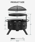 Diagram of 32 Inch Fire Pit With BBQ Grill And Mesh Cover for Outdoor Patio showing dimensions and accessories with poker tool