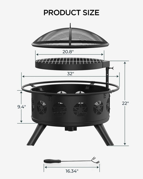 Diagram of 32 Inch Fire Pit With BBQ Grill And Mesh Cover for Outdoor Patio showing dimensions and accessories with poker tool