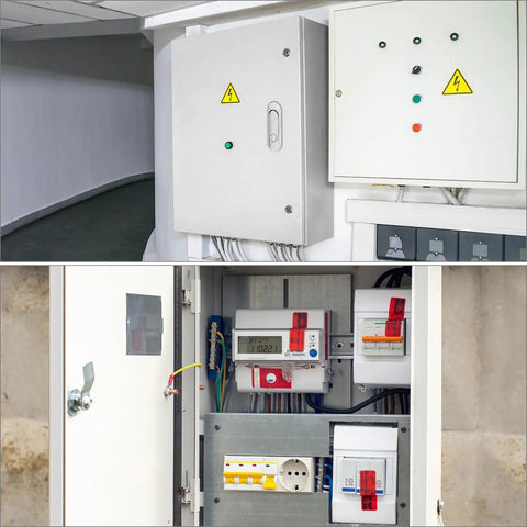 Heavy Duty Carbon Steel Electrical Enclosure 16x12x8 with grip tight lock in use, mounted outdoors with visible wiring.