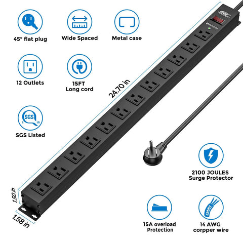 Diagram of Beefy 12 Outlet Heavy Duty Power Strip With 15 Foot Cord And 2100 Joules Surge Protector, dimensions and features highlighted.