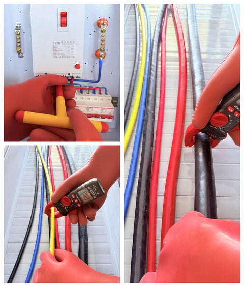 12kV Electrical Gloves Size 10 Thick 1.8mm Rubber Insulated Safety Gear for Electricians Red in use with electrical equipment