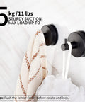 Matte Black Suction Cup Hooks 4 Pack For Shower And Kitchen, Stainless Steel Vacuum Towel Rack with towel and loofah hanging