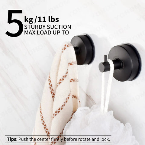 Matte Black Suction Cup Hooks 4 Pack For Shower And Kitchen, Stainless Steel Vacuum Towel Rack with towel and loofah hanging