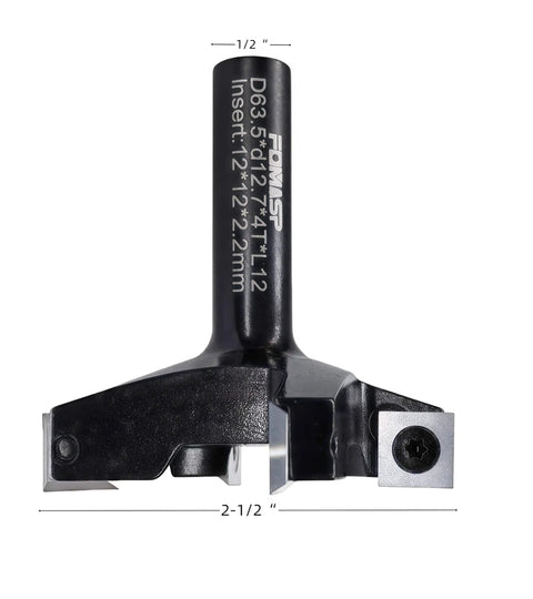 CNC Spoilboard Surfacing Router Bit With Half Inch Shank And Two And A Half Inch Cutting Diameter Replaceable Carbide Inserts