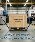 Two workers using Anteqvip 4 Ton Machine Skate Heavy Duty Industrial Mover, 8800 Lb Capacity to move crate in workshop.