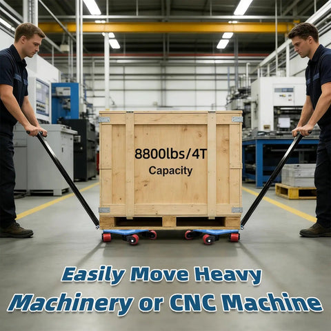 Two workers using Anteqvip 4 Ton Machine Skate Heavy Duty Industrial Mover, 8800 Lb Capacity to move crate in workshop.