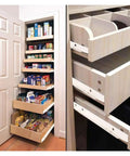 Full Extension Drawer Slides for Super Quiet Operation 1 Pair Two Section Keyboard Tray Roller Computer Desk Drawer Slide 14 Inch 35 Cm Easy Tool Free Installation with Detachable Quick Release Latches displayed in a pantry setup showing multiple pull-out shelves.