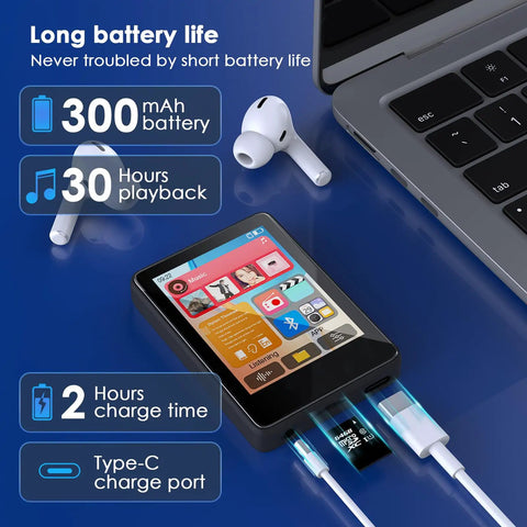 Bluetooth MP3 Player With Built-In Speaker For Kids, charging near laptop, shows 300mAh battery, Type-C port, earphones nearby