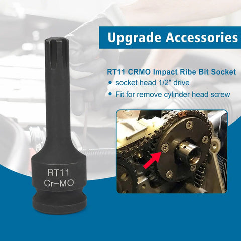 Ford Camshaft Holding Tool Kit For 3.5L/3.7L 4V Engines With Timing Alignment Holder And Tension Tool Pro Grade RT11 CrMo Impact Socket Set Glove shown in use on engine