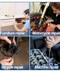 Four images of tools in use: furniture, motorcycle, bicycle, and machine repairs.