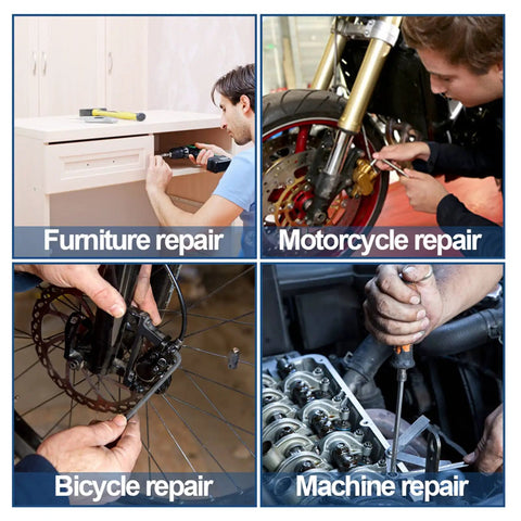 Four images of tools in use: furniture, motorcycle, bicycle, and machine repairs.
