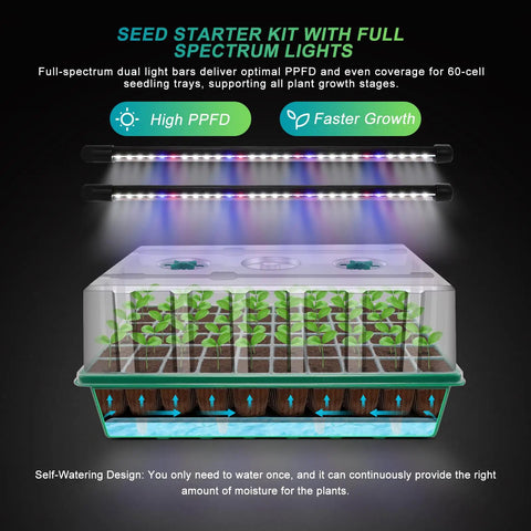 Self Watering Seed Starter Tray With Timed Grow Light 60 Cell Seedling Kit With Humidity Domes And Base Indoor Mini Greenhouse For Easy Germination And Busy Gardeners No Fuss