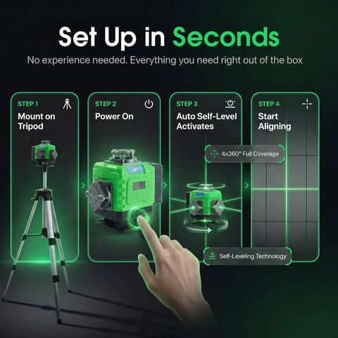 Self Leveling Green Laser Level With Tripod For Indoor Outdoor Use 360 Degree High Brightness 16 Line Layout Tool for setup steps