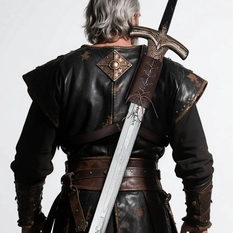 Back view with Dope Medieval Leather Sword Holster Belt With Premium Faux Leather Adjustable Frog And Shoulder Strap in dark brown leather.