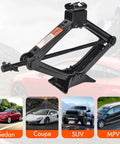 Scissor car jack, 2-ton capacity, black steel with screw drive, side view against a car
