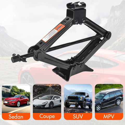 Scissor car jack, 2-ton capacity, black steel with screw drive, side view against a car