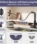 Kick Things Up A Notch With This Solid Matte Black Single Hole Faucet Offering A Smooth Pull Down Sprayer And Handy Cup Washer For Hassle Free Kitchen Tasks, showing extra-long hose and precise retraction.