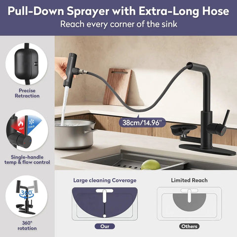 Kick Things Up A Notch With This Solid Matte Black Single Hole Faucet Offering A Smooth Pull Down Sprayer And Handy Cup Washer For Hassle Free Kitchen Tasks, showing extra-long hose and precise retraction.